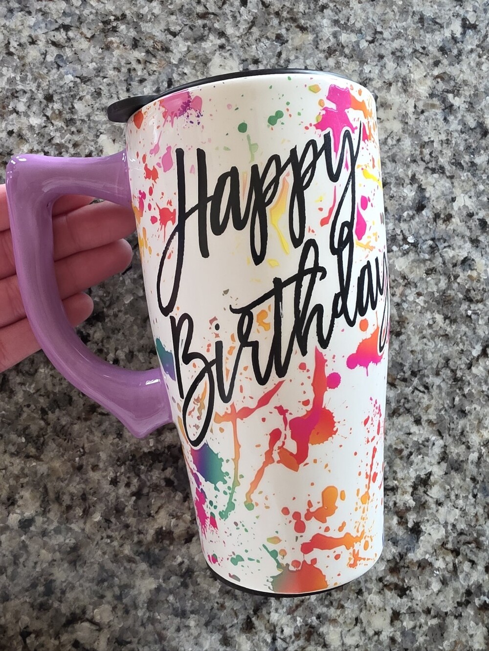 Happy Birthday Colorful Splatter Travel Mug with Purple Handle
